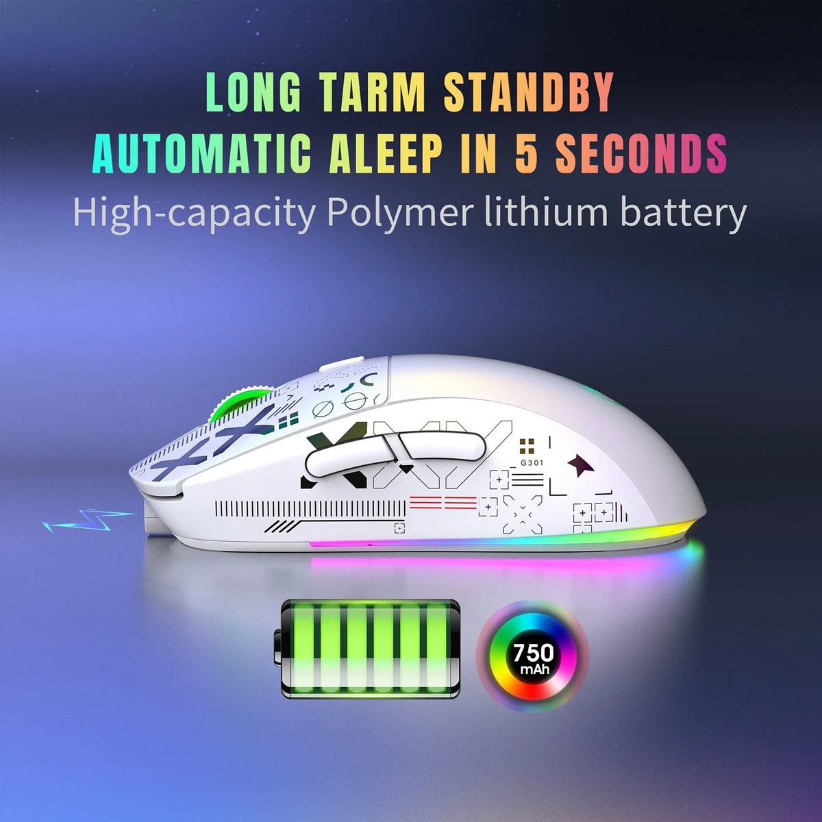 Souris Gaming Sans Fil HXSJ T90 – 3 Modes (2.4G/BT), RGB 12 Modes, 3600 DPI, Rechargeable 750mAh, Blanc ou Noir