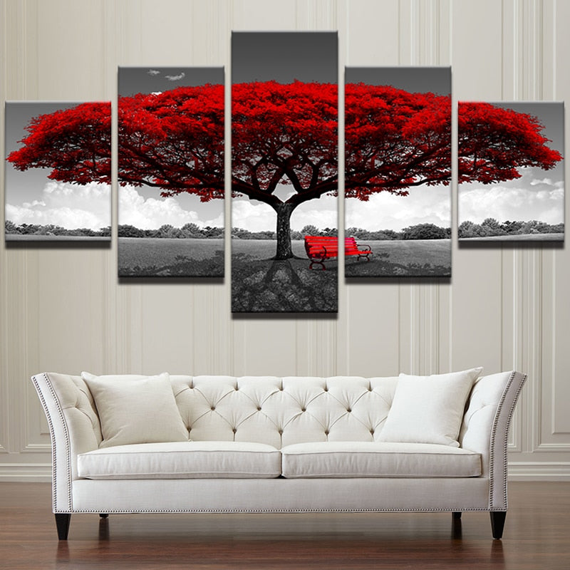Tableau 5 Panneaux Canvas HD – Paysage Arbre Rouge, Décoration Murale Moderne Salon, Sans Cadre