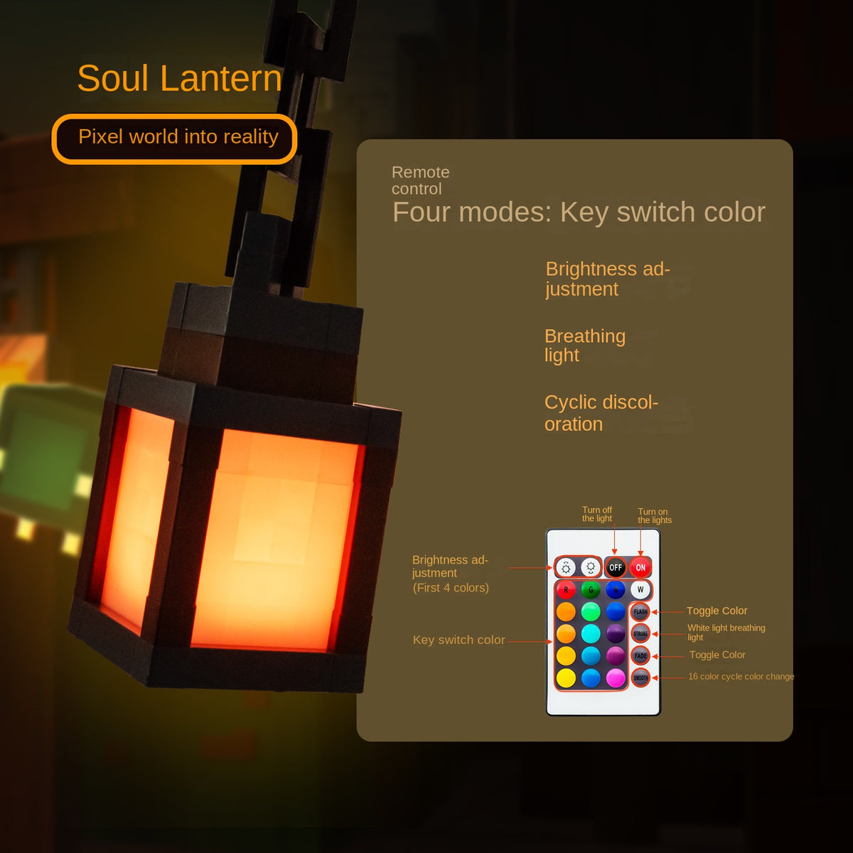 Veilleuse Lanterne Style Pixel 16 Couleurs Changeantes LED – Rechargeable, Chaîne Suspendue + Ruban 3M, Déco Gaming Chambre