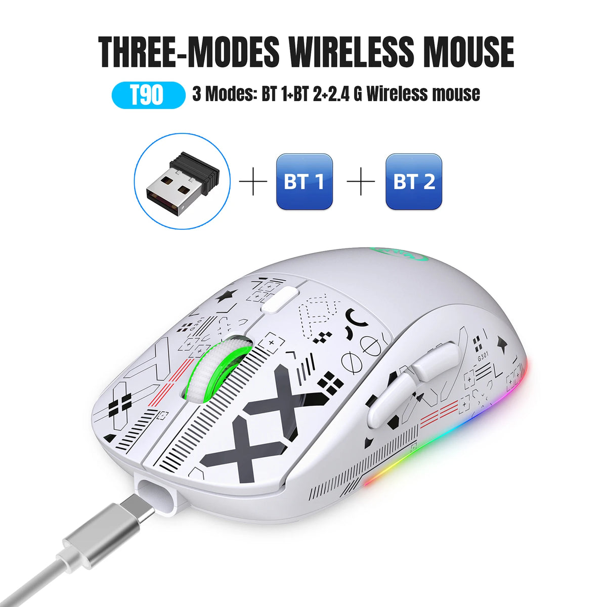 Souris Gaming Sans Fil HXSJ T90 – 3 Modes (2.4G/BT), RGB 12 Modes, 3600 DPI, Rechargeable 750mAh, Blanc ou Noir