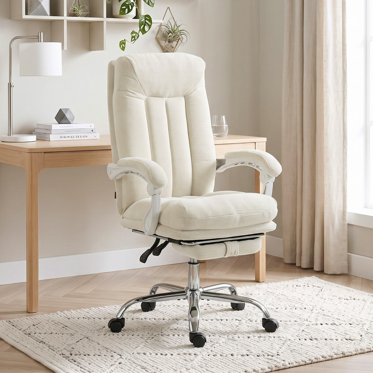 Fauteuil de Bureau Ergonomique Crème – Tissu Chenille Doux, Coussin 15cm, Repose-Pieds, Inclinaison 135°, Accoudoirs Réglables, 120kg