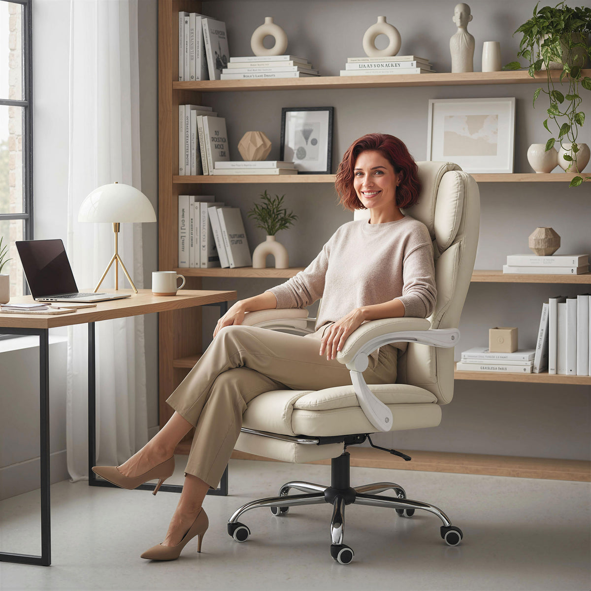 Fauteuil de Bureau Ergonomique Beige – Cuir Synthétique Anti-Griffures, Repose-Pieds, Inclinaison 155°, Mousse Haute Résilience, 120kg