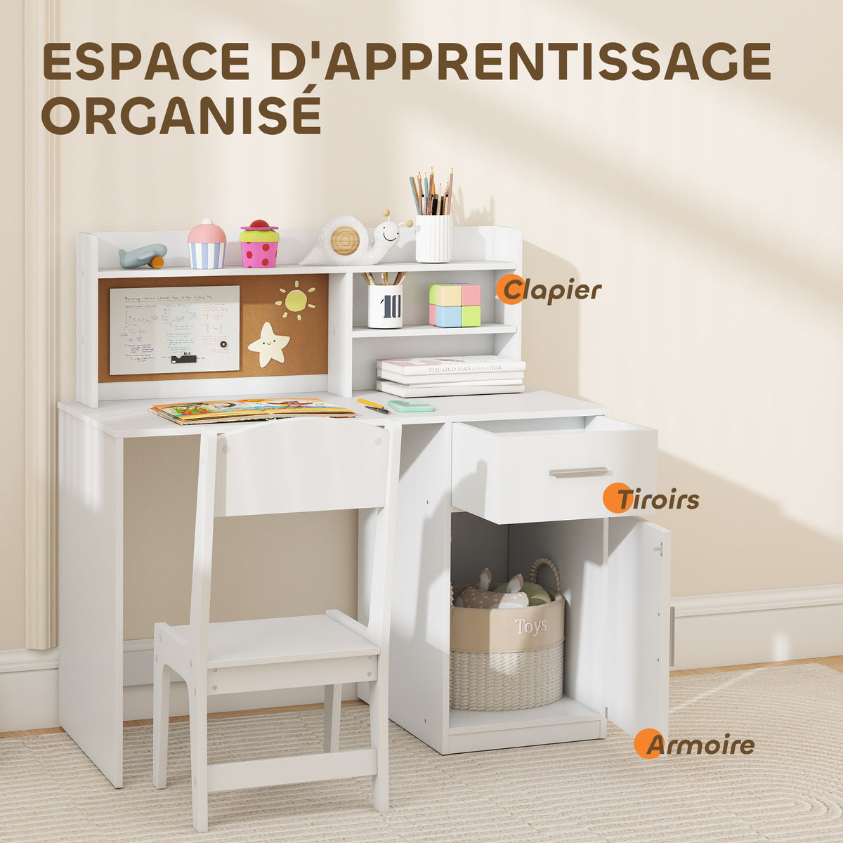 Ensemble Bureau & Chaise Enfant Blanc – Tableau Liège, Tiroir, Placard & Compartiments, MDF, 3-12 Ans, Norme EN71