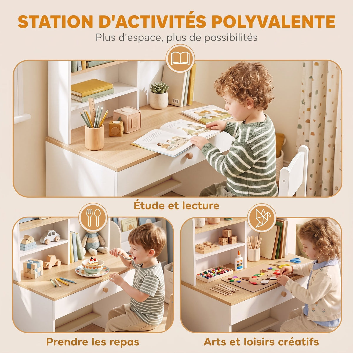 Bureau Enfant Blanc Effet Bois – Tiroir & Étagères Ouvertes, Plateau 80x48cm, MDF Mélaminé, 3-8 Ans, Norme EN71