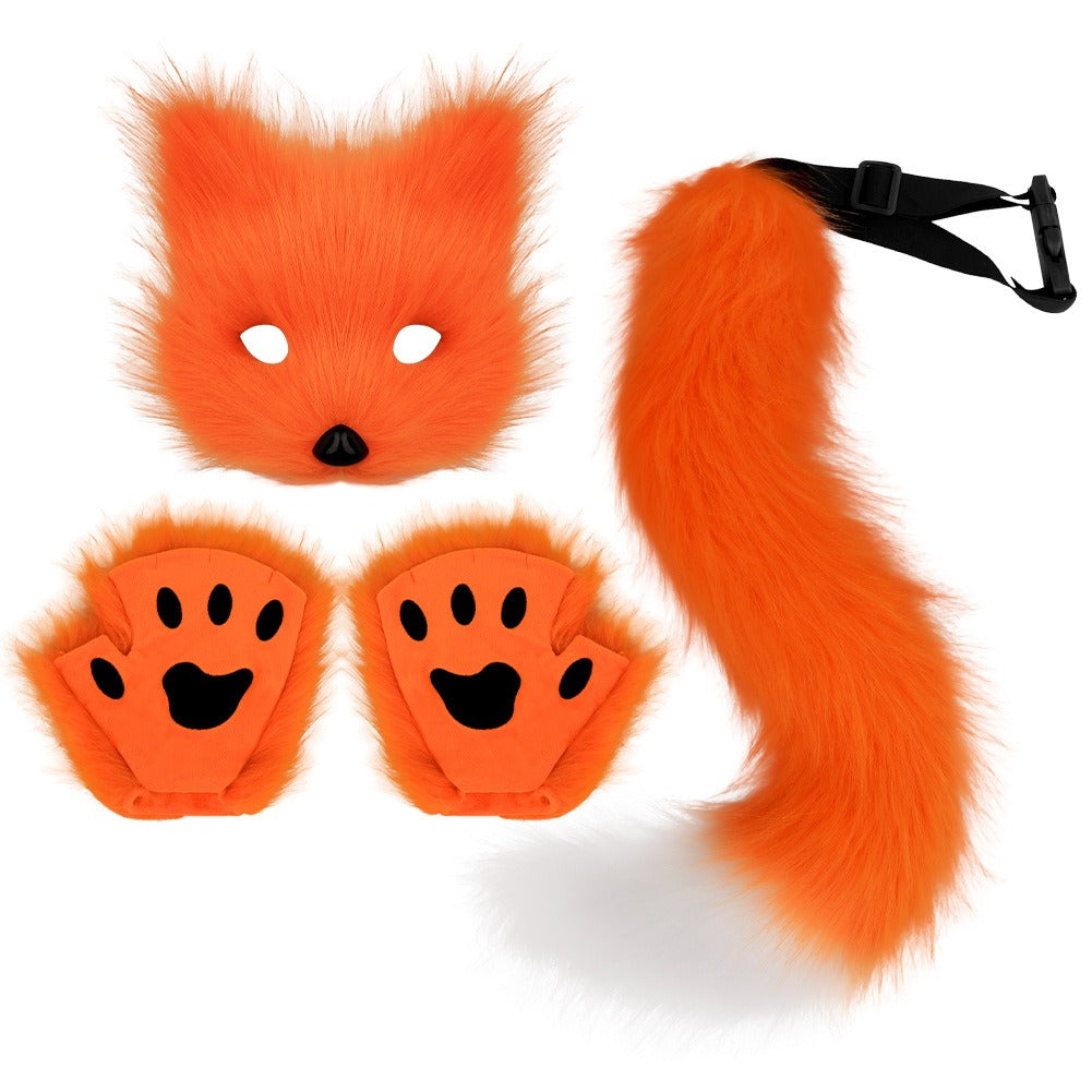 Set Renard Peluche Halloween – Masque + Gants + Queue Touffue, Cosplay Animal Fait Main, 4 Coloris, Lot de 3