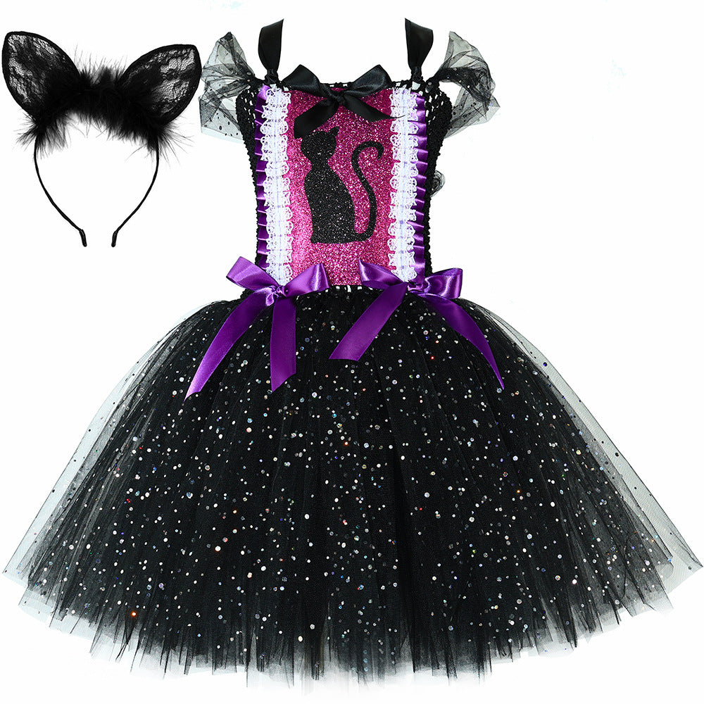 Robe Tutu Chat Noir Paillettes Enfant – Déguisement Fille Halloween & Carnaval, Tulle, 12 Mois à 12 Ans