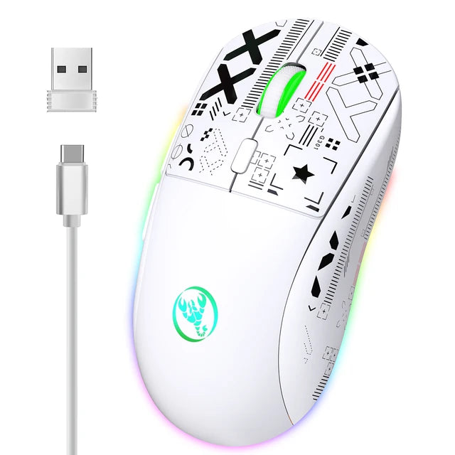 Souris Gaming Sans Fil HXSJ T90 – 3 Modes (2.4G/BT), RGB 12 Modes, 3600 DPI, Rechargeable 750mAh, Blanc ou Noir