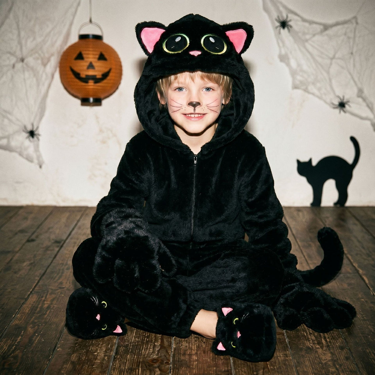 Costume Chat Noir Enfant – Déguisement Cosplay Halloween & Scène, Imprimé Grands Yeux, Tailles S à XL