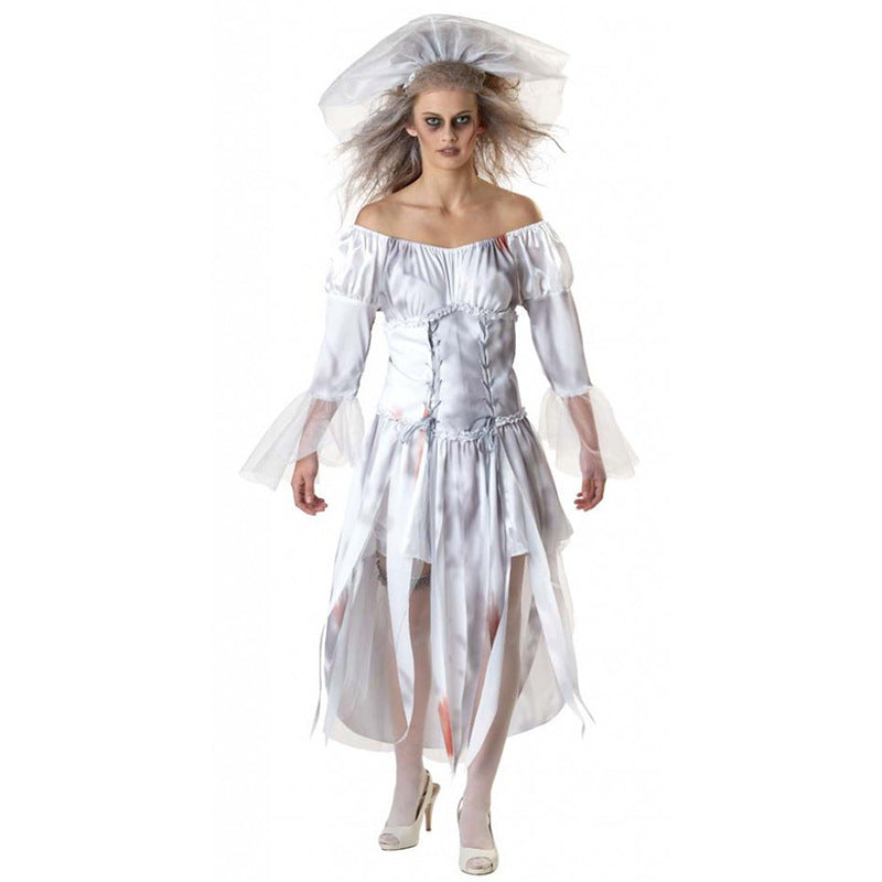 Costume Mariée Fantôme Ensanglantée Halloween – Robe, Voile & Ceinture, Tailles MàXL