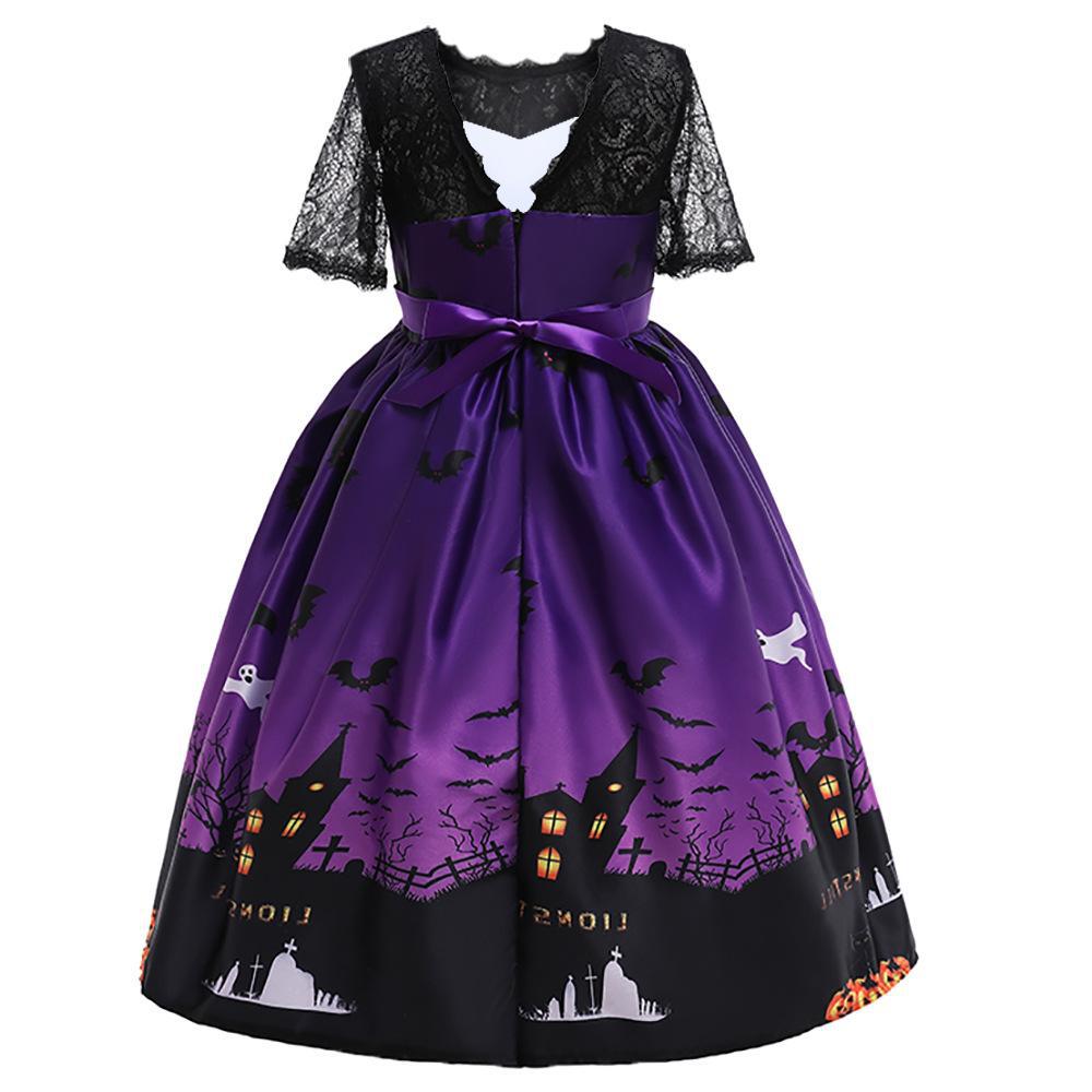 Robe Déguisement Halloween Fille – Style Princesse avec Dentelle, 3 Coloris Noir Violet Bleu Nuit, Tailles 120–140cm, Fête Carnaval