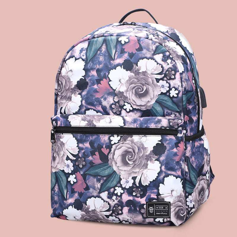 Sac à Dos Oxford Motif Pivoine – Grande Capacité 20-35L, Port USB, Lot de 2, Violet