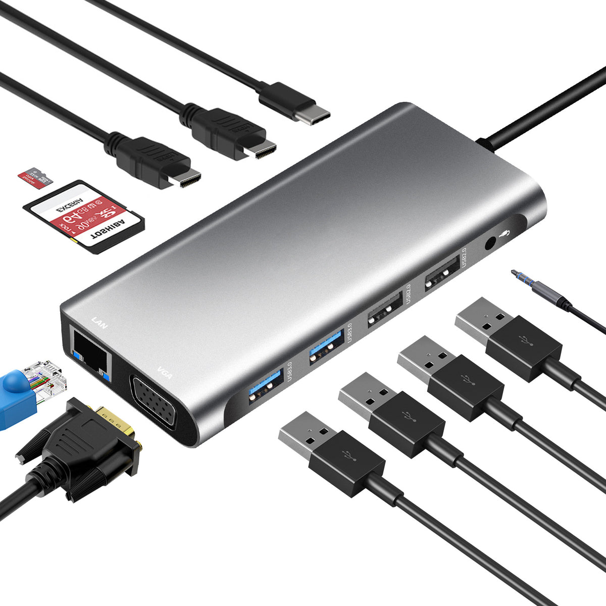 Hub USB-C 12 en 1 – Dual HDMI, VGA, USB | Compatible MacBook & PC