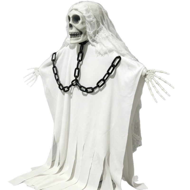 Fantôme Suspendu Halloween – Tissu Soie Pliable, Chaîne Squelette, Déco Porte Maison Hantée, Blanc ou Taché de Sang