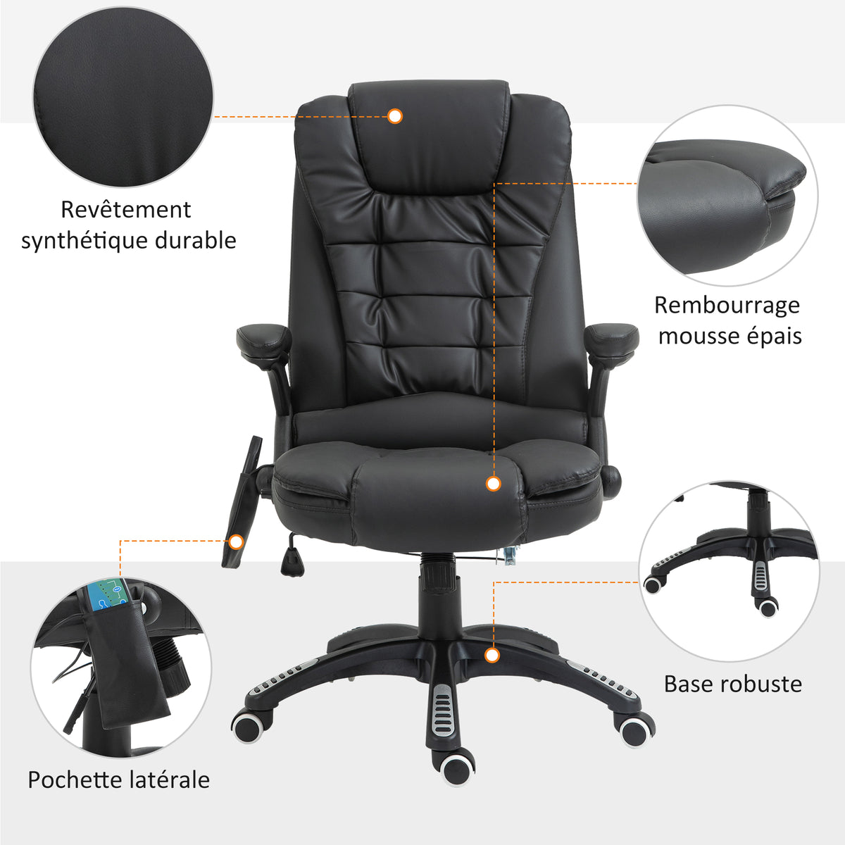 Fauteuil de Bureau Massant & Chauffant 6 Points – Ergonomique, Hauteur Réglable, Revêtement Synthétique, Noir, 120kg Max