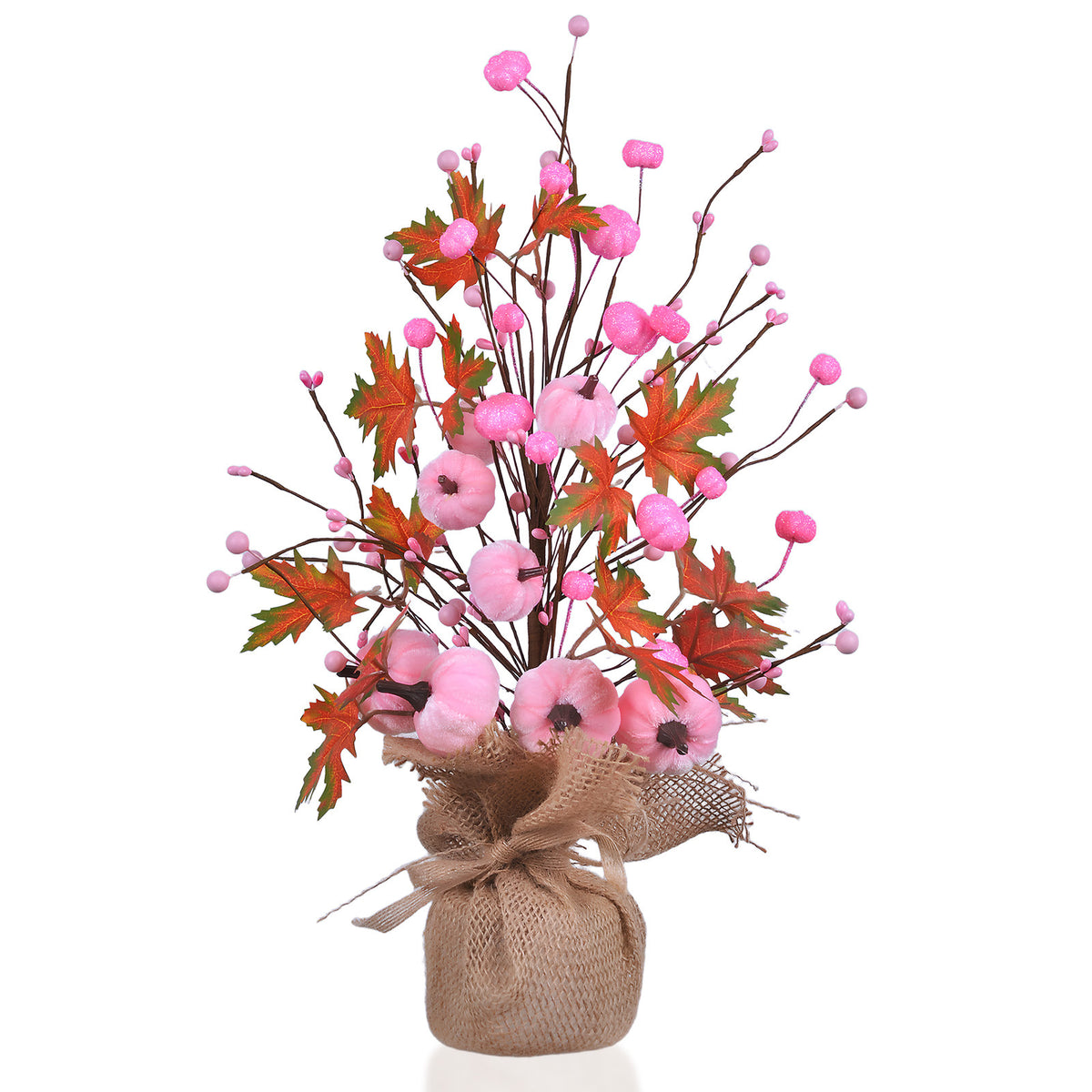 Arbre Décoratif Artificiel Automne & Halloween – Fleurs de Soie Rose, Feuilles d’Érable & Citrouilles, Déco Maison Jardin Bureau