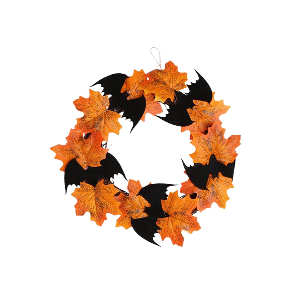 Couronne Décorative Halloween – Chauve-Souris & Feuilles d’Érable, Rotin & Tissu, 25x25 cm, Suspension Porte ou Fenêtre
