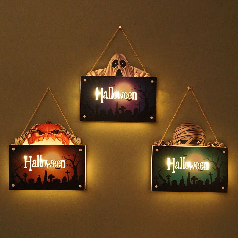 Panneau Lumineux Suspendu Halloween – Veilleuse 3 Motifs Momie Fantôme Citrouille, Déco Murale Atmosphère Nuit, Cadeau Halloween