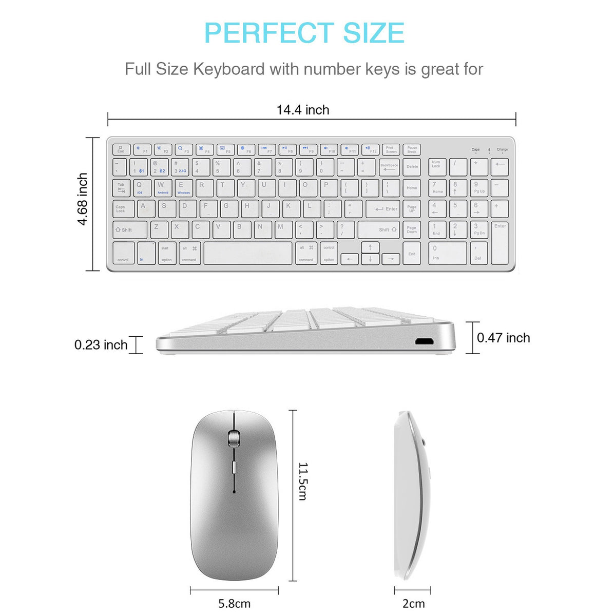 Pack Clavier + Souris Sans Fil Bluetooth & USB Rechargeable – Touches Silencieuses, Pavé Numérique, Compatible iPad PC Mac, 2 Coloris