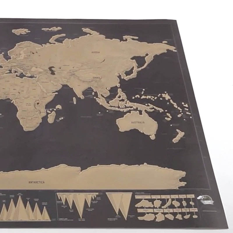 Carte du Monde à Gratter Deluxe – Fond Noir & Feuille Dorée, 82,5×59,4cm, Cadeau Voyageur