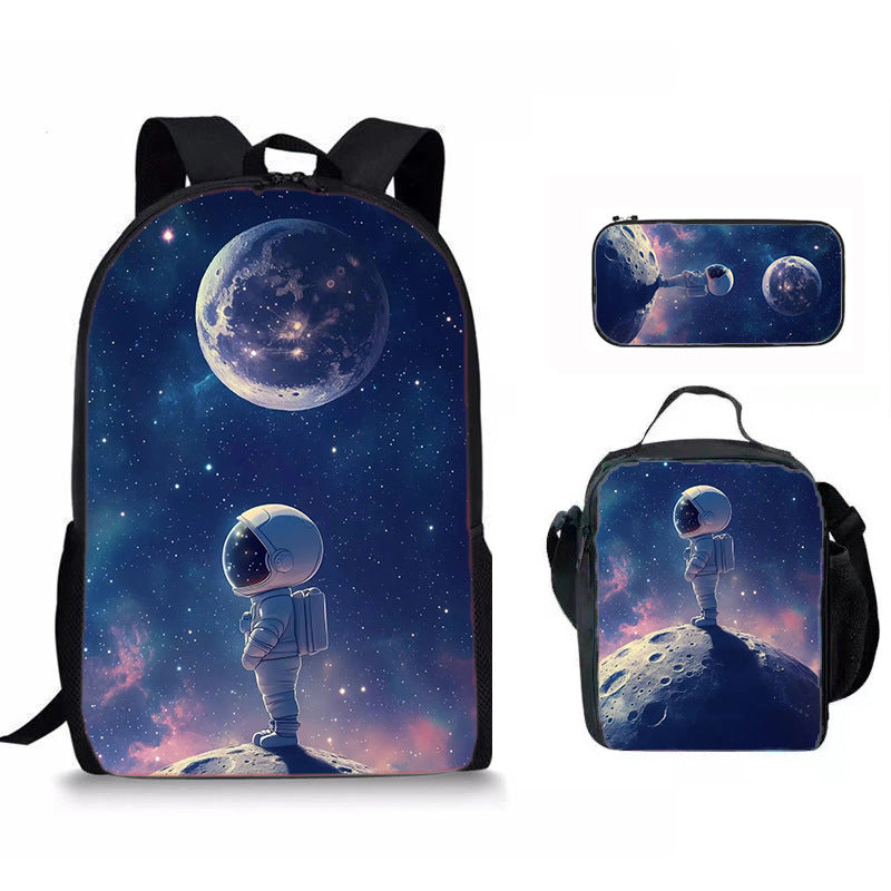 Set 3 Pièces Sac à Dos Scolaire Style Astronaute & Espace – Sac À Dos + Sac Repas + Trousse, Tissu Oxford, 6 Coloris, Enfant Ado Unisexe