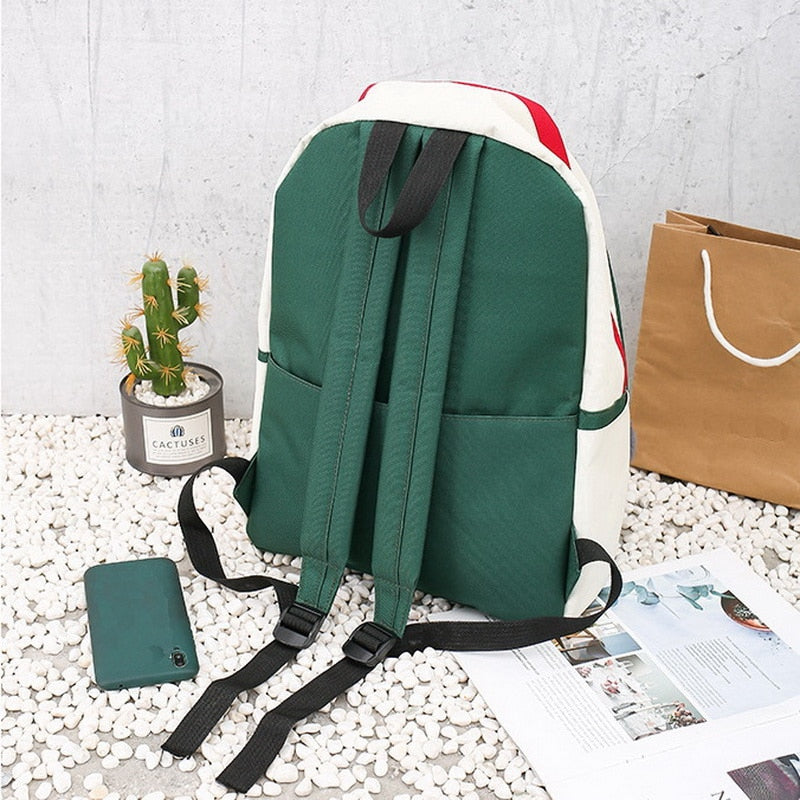 Ensemble 4 Pièces Sac à Dos Canvas Patchwork Motif Chat – Femme, École & Quotidien, Noir, Bleu ou Vert