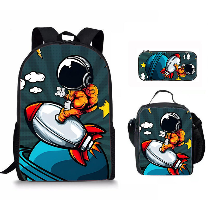Set 3 Pièces Sac à Dos Scolaire Style Astronaute & Espace – Sac À Dos + Sac Repas + Trousse, Tissu Oxford, 6 Coloris, Enfant Ado Unisexe