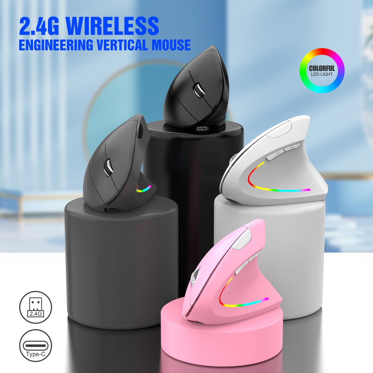 Souris Verticale Sans Fil Ergonomique 2,4 GHz – Récepteur USB, Prévention TMS, 3 Coloris Blanc Rose Noir, PC & Mac