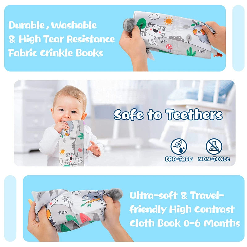Livre Sensoriel en Tissu pour Bébé 0-12 mois – Contraste Élevé 3D | Éléphant, Lion, Lapin
