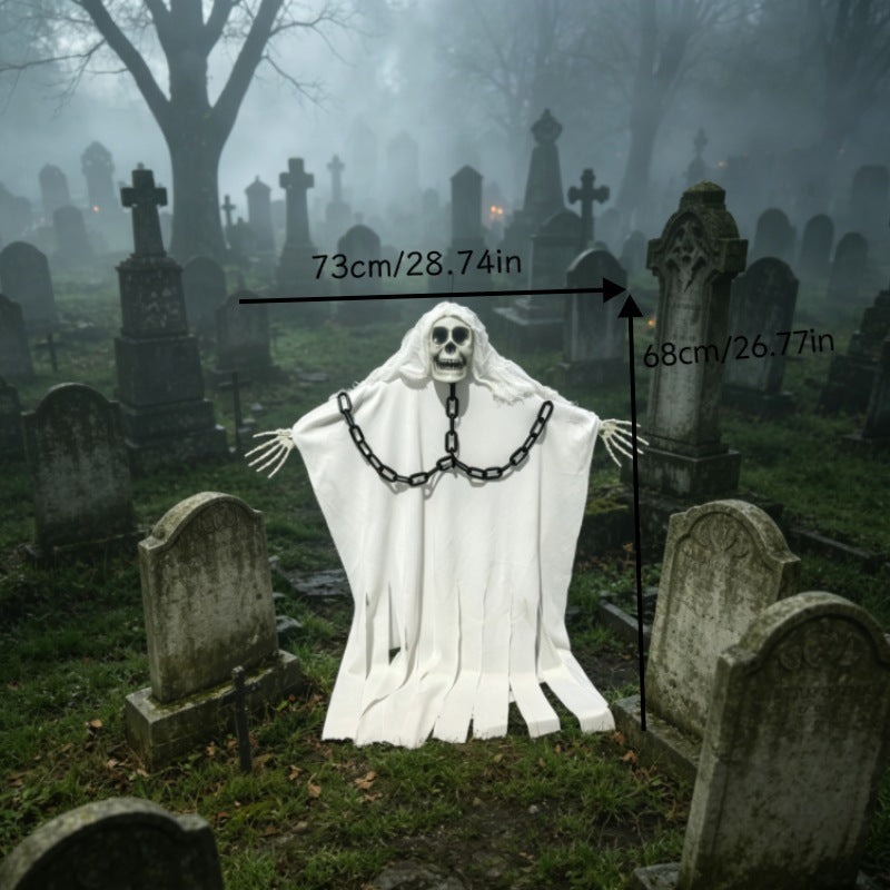 Fantôme Suspendu Halloween – Tissu Soie Pliable, Chaîne Squelette, Déco Porte Maison Hantée, Blanc ou Taché de Sang