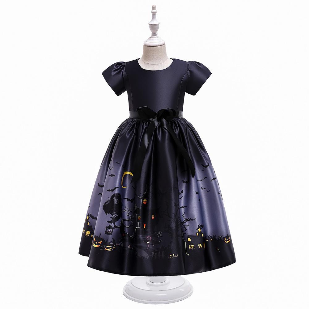 Robe Déguisement Halloween Fille – Style Princesse avec Dentelle, 3 Coloris Noir Violet Bleu Nuit, Tailles 120–140cm, Fête Carnaval