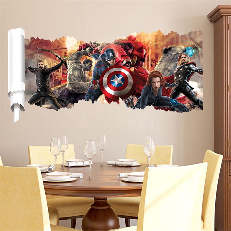 Sticker Mural 3D Trompe-l’Œil Avengers – Décoration Murale PVC Salon & Chambre, Effet Trou