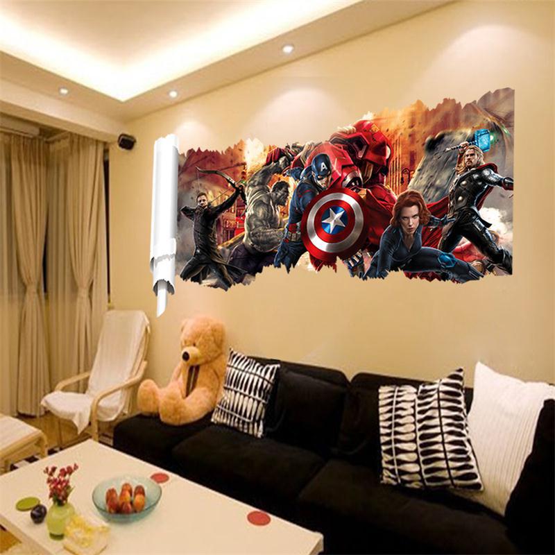 Sticker Mural 3D Trompe-l’Œil Avengers – Décoration Murale PVC Salon & Chambre, Effet Trou
