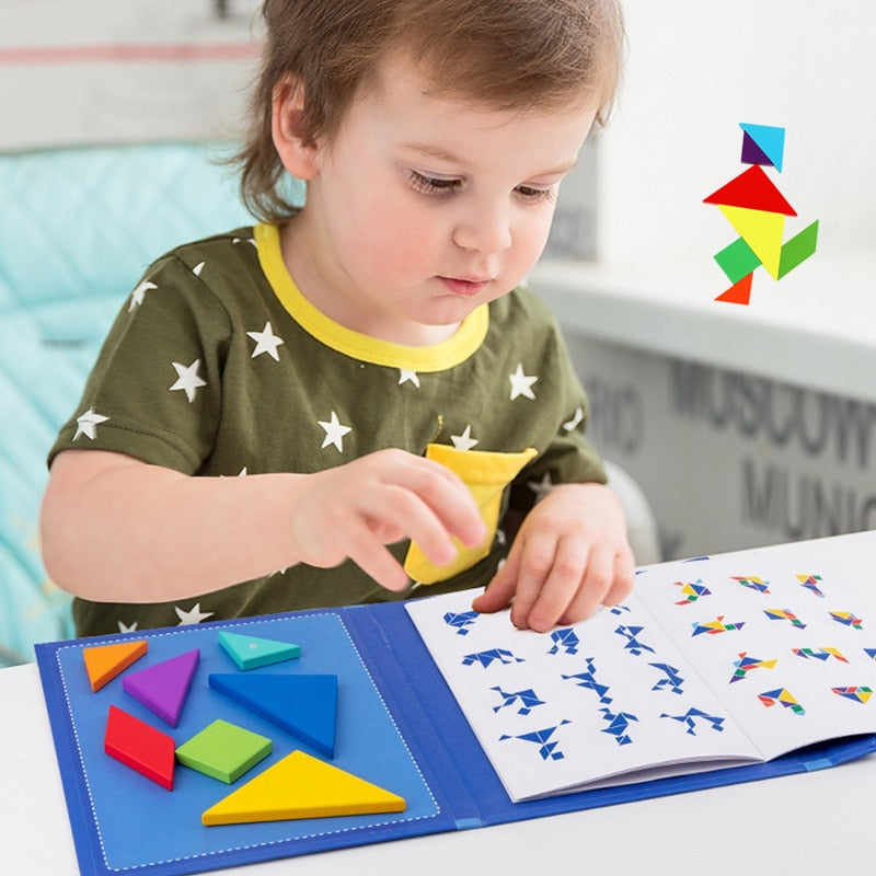 Tangram Magnétique avec Livre de Modèles – Puzzle Bois Portable, Éveil Préscolaire, Logique & Géométrie, Dès 3 Ans, Cadeau Enfant