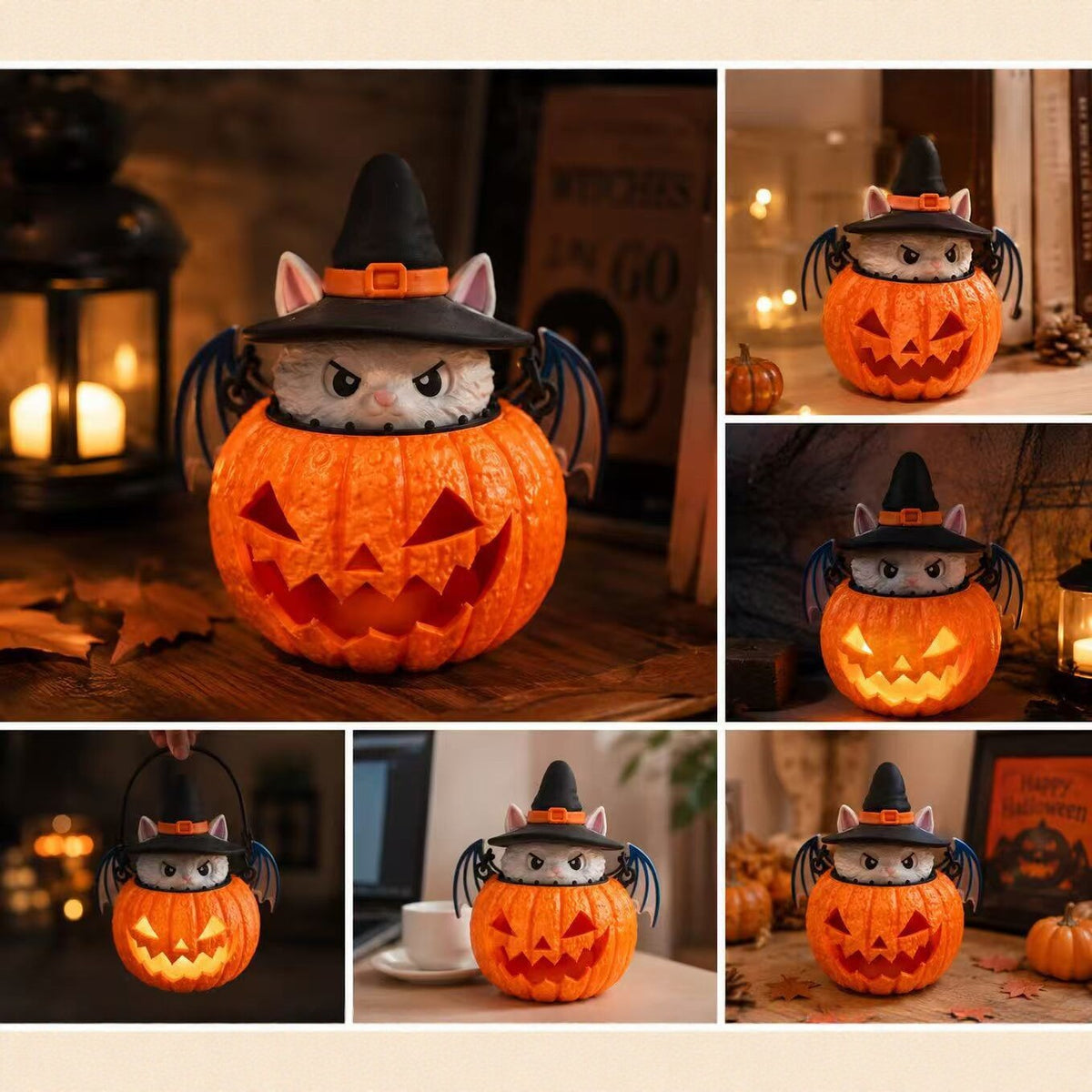 Lampe LED Halloween Citrouille & Chat – Impression 3D PLA 21 cm, Veilleuse Déco Bureau Ambiance Fête, Orange