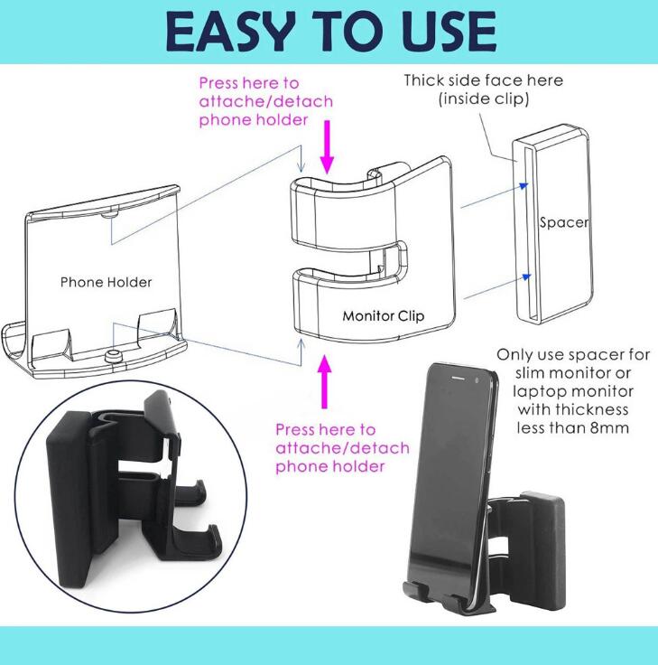 Support Téléphone Latéral pour Écran PC – Clip Ajustable Multi-écran | Noir