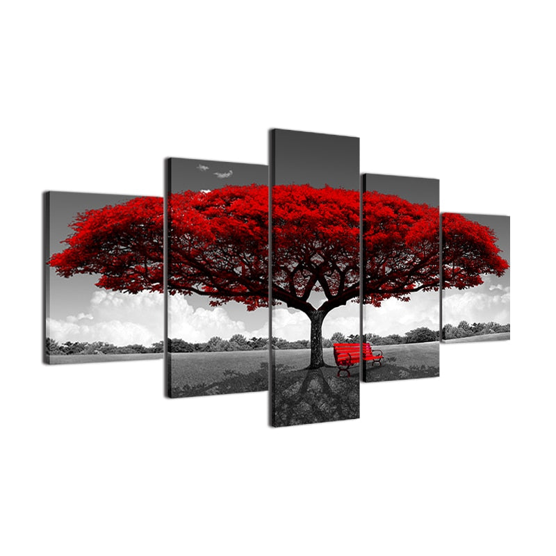 Tableau 5 Panneaux Canvas HD – Paysage Arbre Rouge, Décoration Murale Moderne Salon, Sans Cadre