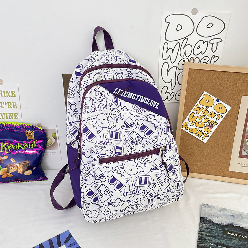 Sac à Dos Nylon Graffiti Collège & Campus – Léger, Bretelles Réglables, Compatible A4, Violet