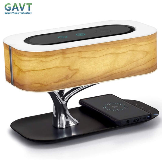 Lampe de Bureau LED Design Dimmable – Enceinte Bluetooth 4.0 + Chargeur Sans Fil Intégré, Aluminium & Bois, Chambre Bureau, Prise EU/US/UK