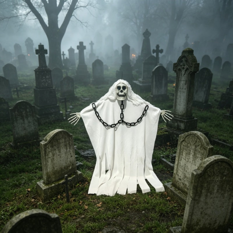 Fantôme Suspendu Halloween – Tissu Soie Pliable, Chaîne Squelette, Déco Porte Maison Hantée, Blanc ou Taché de Sang