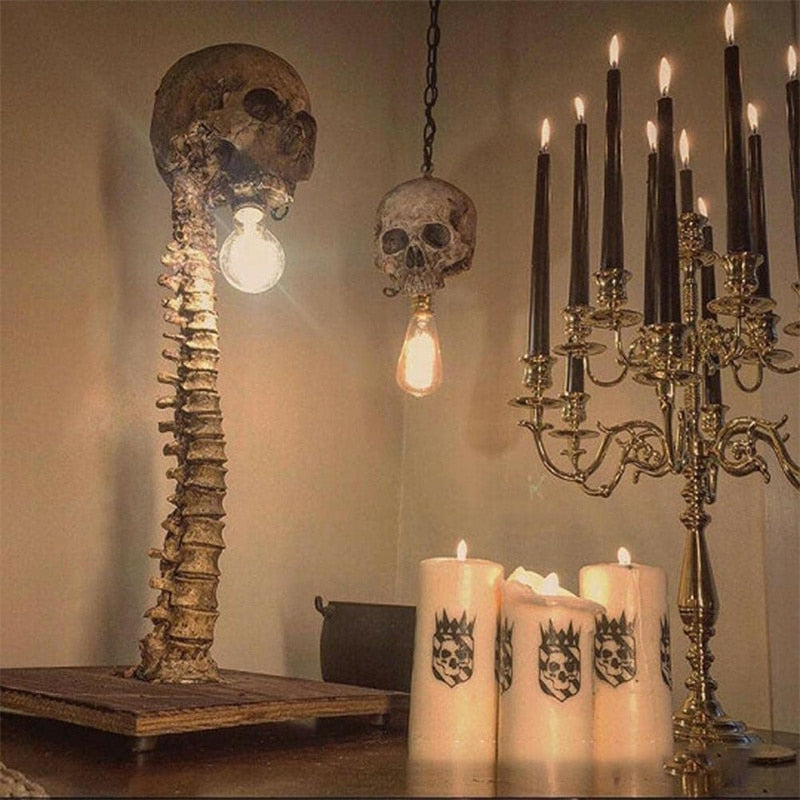 Lampe Crâne Squelette 3D Halloween – Statue Résine Peinte Main, Pied Colonne Vertébrale, Déco Bureau & Chambre