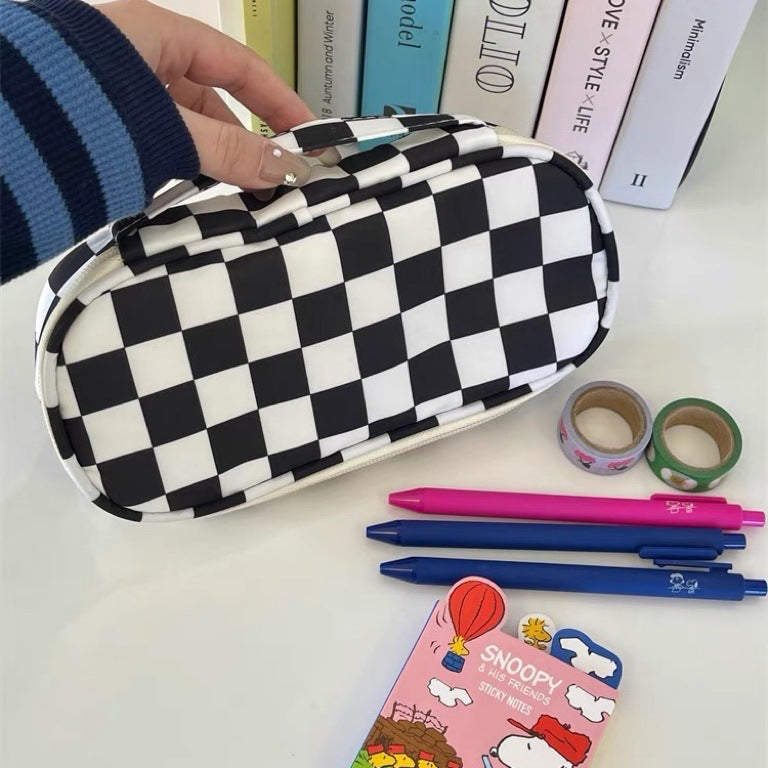 Trousse Style INS À Carreaux Noir & Blanc Grande Capacité – Toile Canvas, Étudiant Tendance, Rangement Papeterie