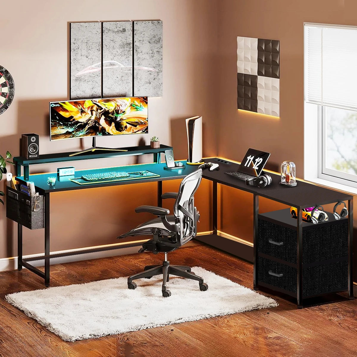 Bureau Gaming en L Mihtrov – LED, Prises USB & Type-C, 2 Tiroirs, 120x120 cm