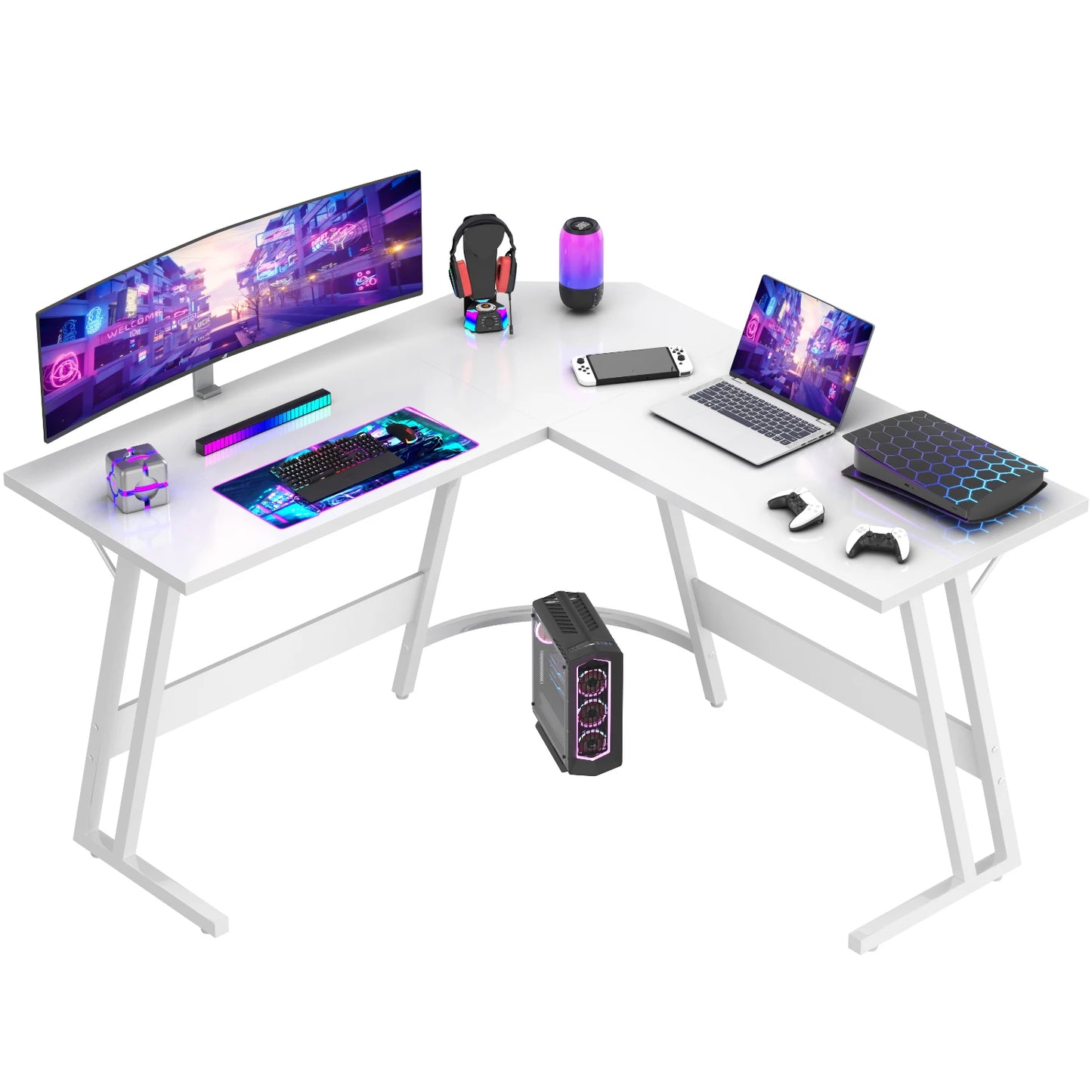 Bureau Gaming d’Angle Devoko 130x130cm – Bureau PC en L, Tablette Moniteur, Blanc