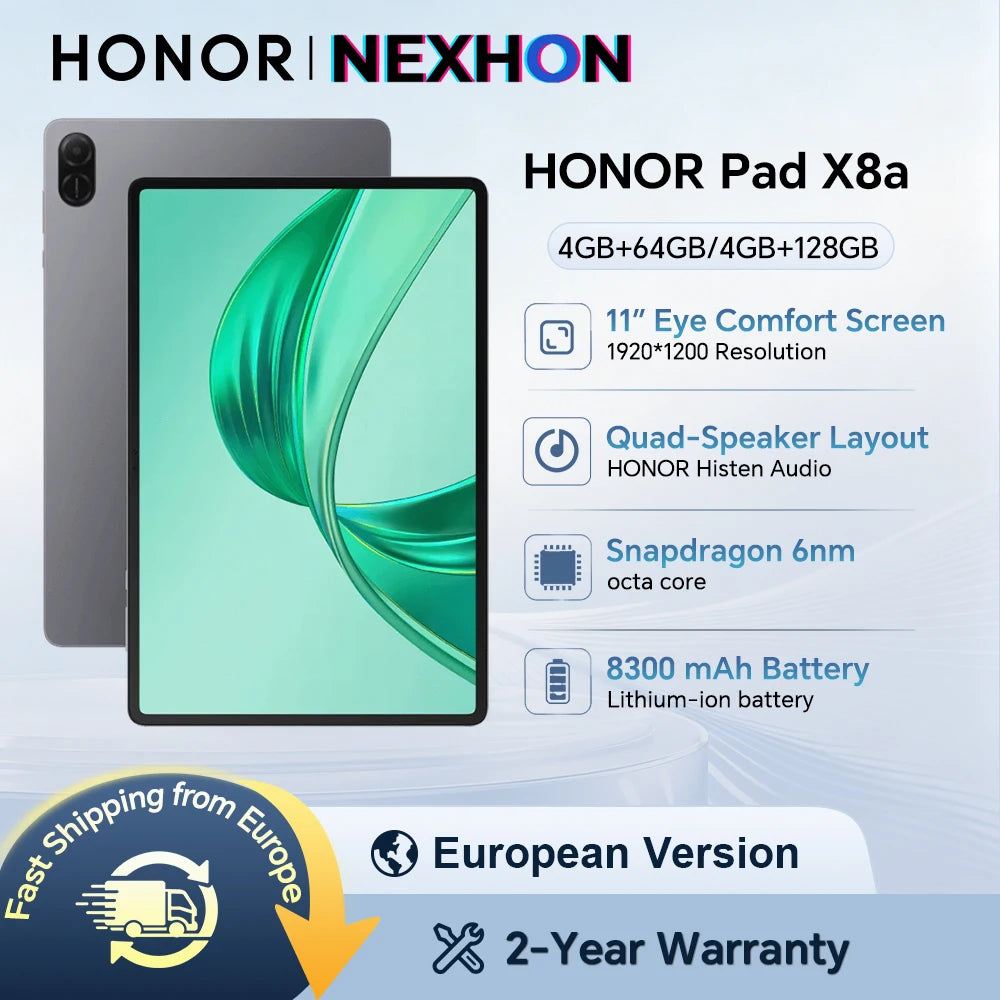 Honor Pad X8a – Tablette 11" 90Hz FHD, Snapdragon 680, Batterie 8300mAh, 4 Haut-parleurs, Version EU