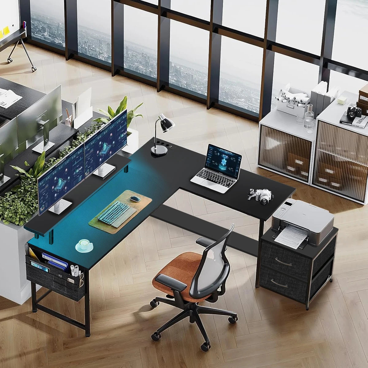 Bureau Gaming en L Mihtrov – LED, Prises USB & Type-C, 2 Tiroirs, 120x120 cm