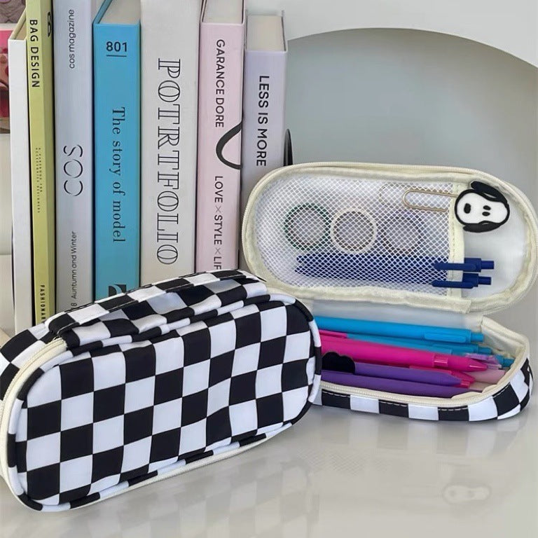 Trousse Style INS À Carreaux Noir & Blanc Grande Capacité – Toile Canvas, Étudiant Tendance, Rangement Papeterie