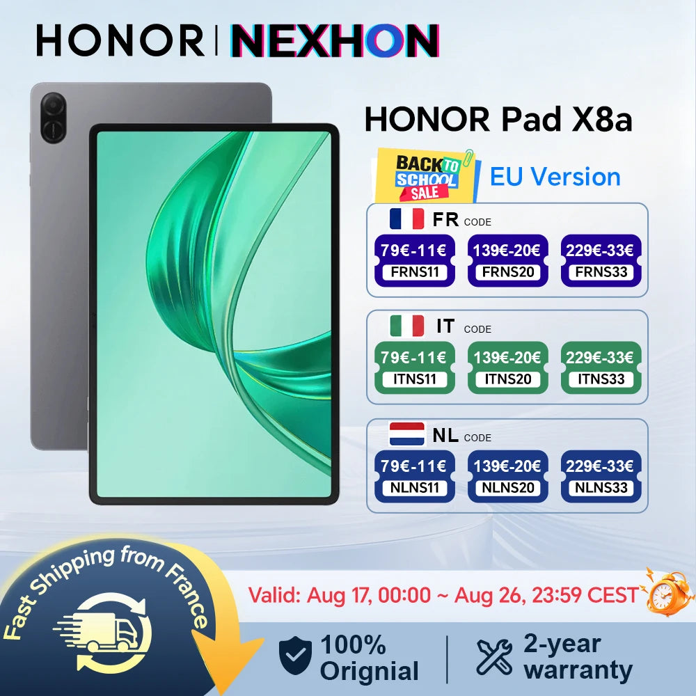 Honor Pad X8a – Tablette 11" 90Hz FHD, Snapdragon 680, Batterie 8300mAh, 4 Haut-parleurs, Version EU