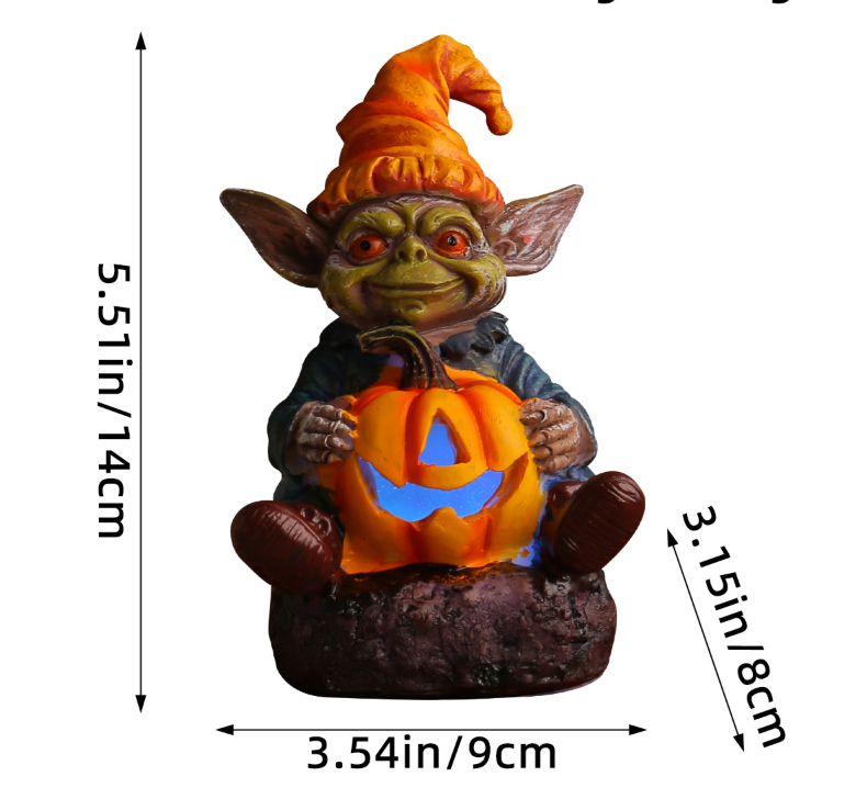 Figurine Lutin Citrouille Halloween en Résine – Gnome Lumineux Décoratif, 3 Styles, Déco Bureau Étagère Maison