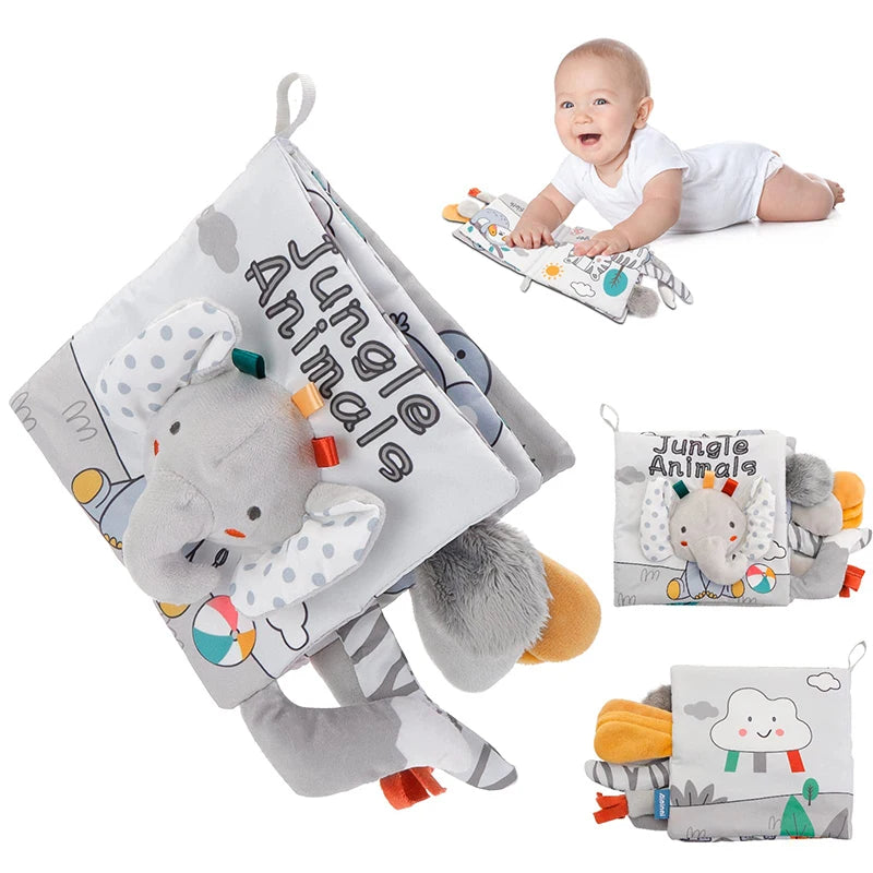 Livre Sensoriel en Tissu pour Bébé 0-12 mois – Contraste Élevé 3D | Éléphant, Lion, Lapin