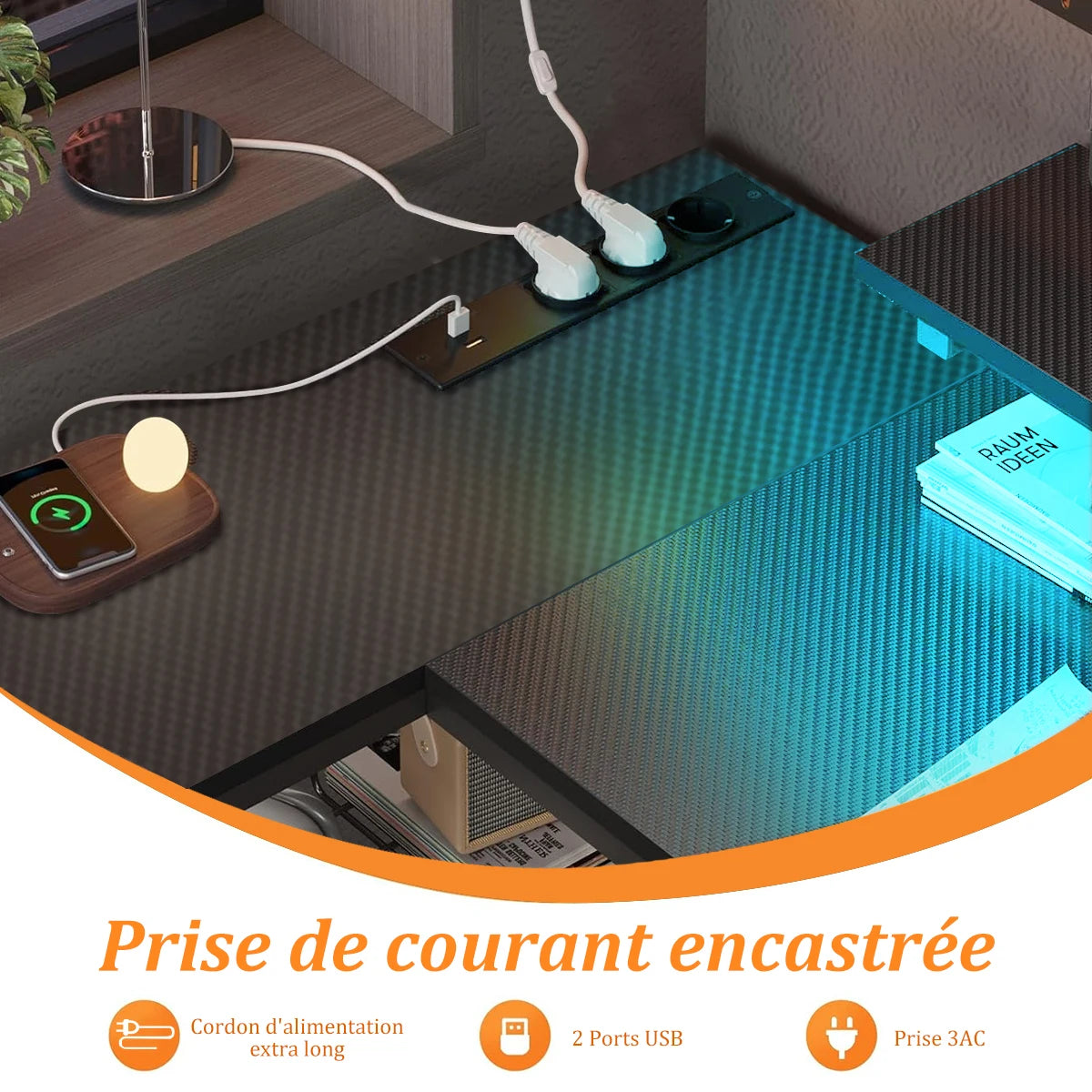 Bureau Gaming en L Mihtrov – LED, Prises USB & Type-C, 2 Tiroirs, 120x120 cm